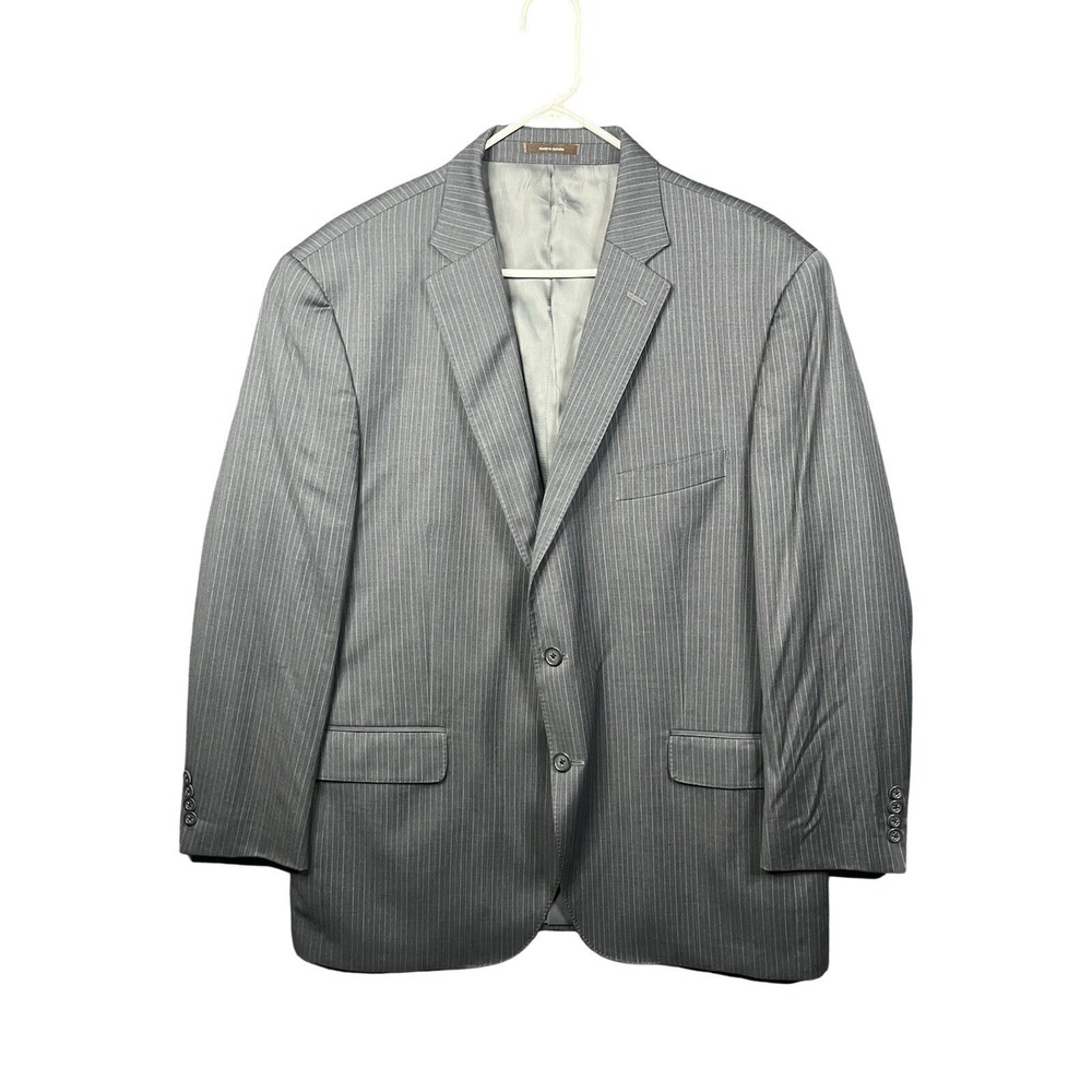 Peter Millar Pinstripe Suit Mens 45R 40W Grey Blue Wool 2-Button Pleated Cuffed